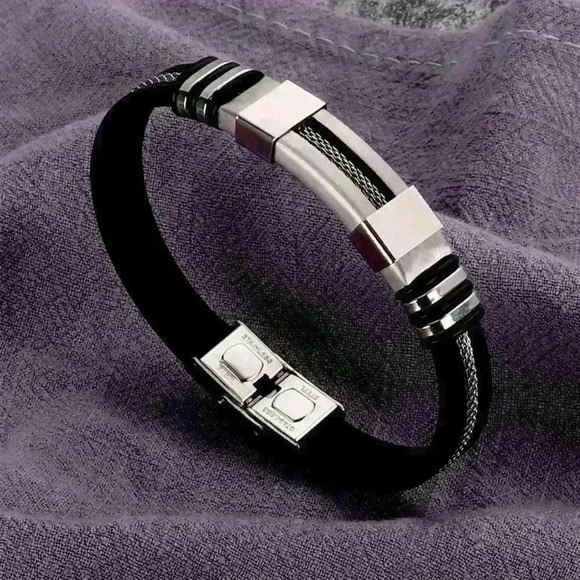 Men’s Stainless Steel & Black Strap Bracelet - Picture 1 of 1